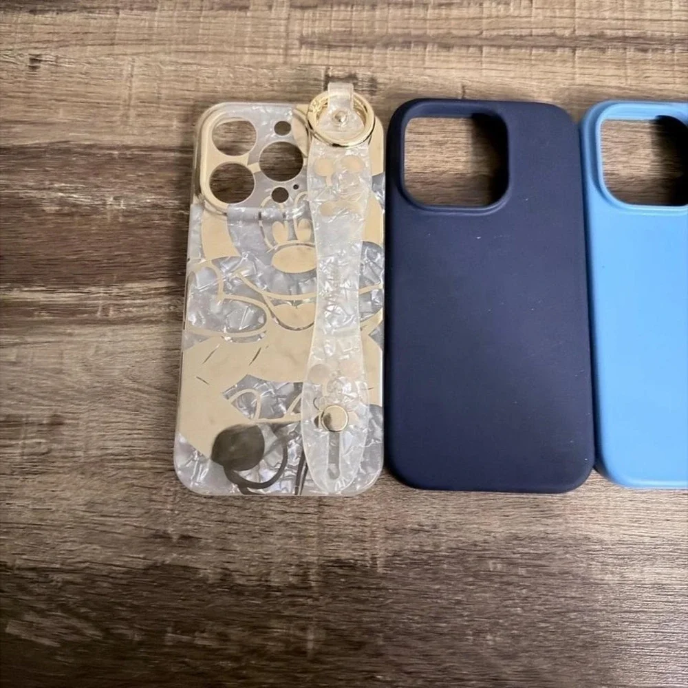 iPhone 14 Pro Max Case‎ Set 3 Piece Clear Marble Blue Navy with Strap